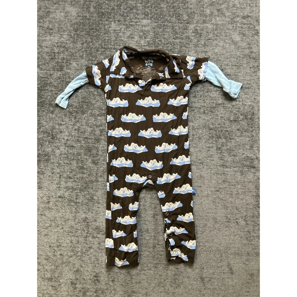 Kickee Pants One-Piece Romper Toddler Baby 6-12M Brown Blue All-Over‎ Seal Print